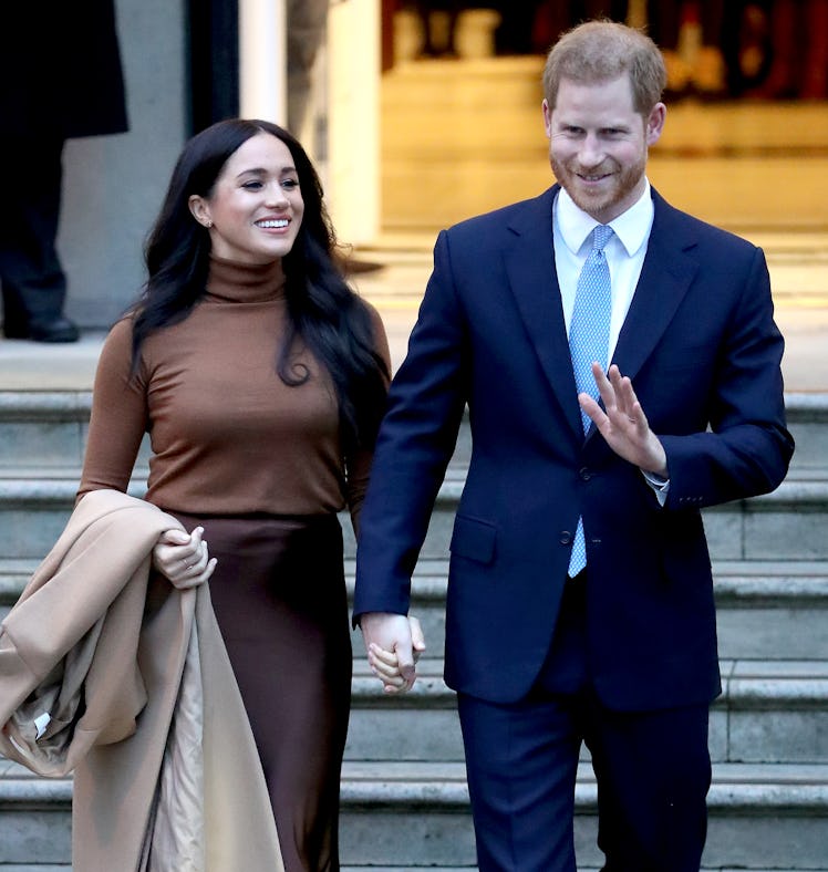 LONDON, ENGLAND - JANUARY 07: Prince Harry, Duke of Sussex and Meghan, Duchess of Sussex depart Cana...
