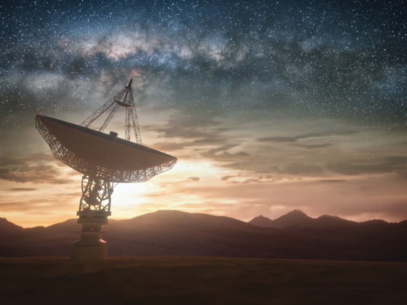 Satellite dish at sunset, illustration.