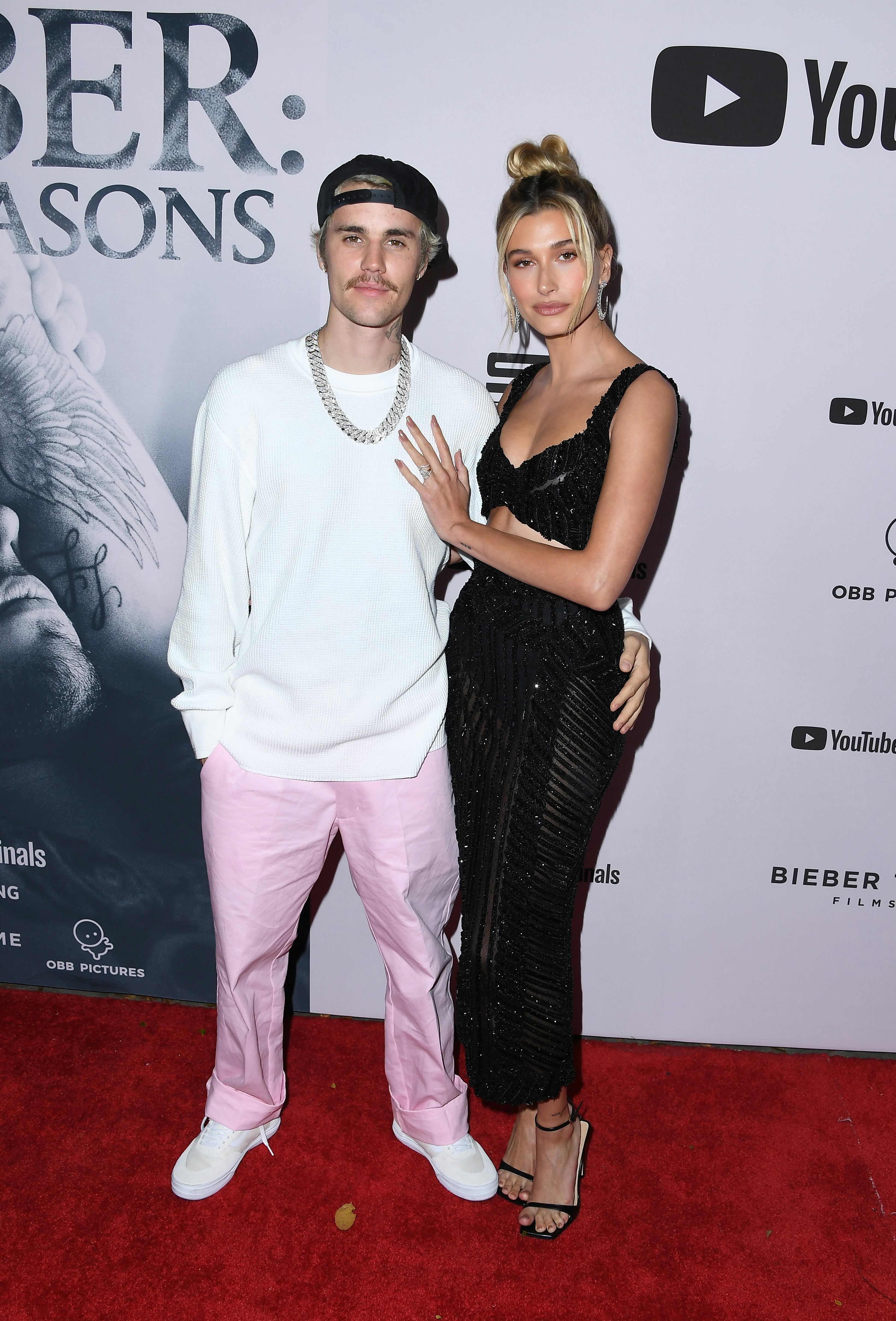 LOS ANGELES, CALIFORNIA - JANUARY 27:  Justin Bieber and Hailey Bieber attend the premiere of YouTub...