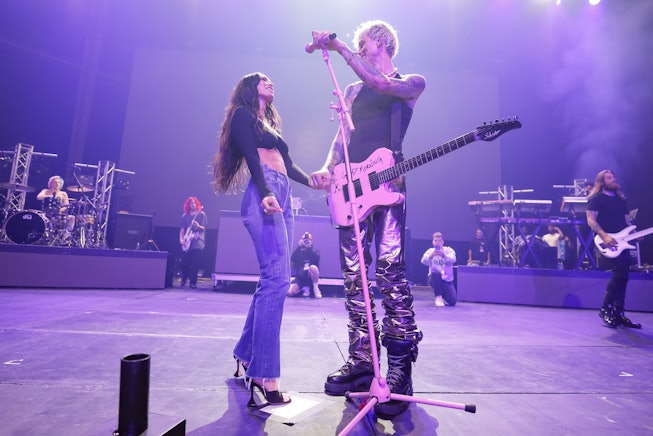 WESTFIELD, IN - MAY 28: Megan Fox and Machine Gun Kelly are seen during the Barstool 500 party at Gr...