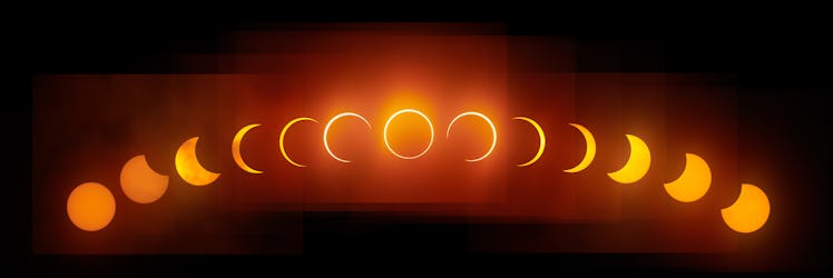 Telephoto sequence shot of the annular solar eclipse in Singapore on December 26th 2019, peaking at ...