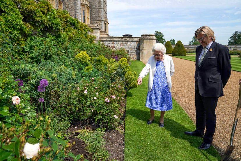 Britain's Queen Elizabeth II views a flower bed with President of the Royal Horticultural Society, K...