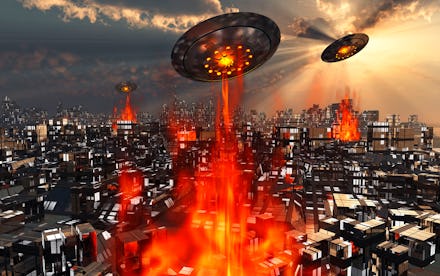 Alien Flying Saucers Attacking An Earth City