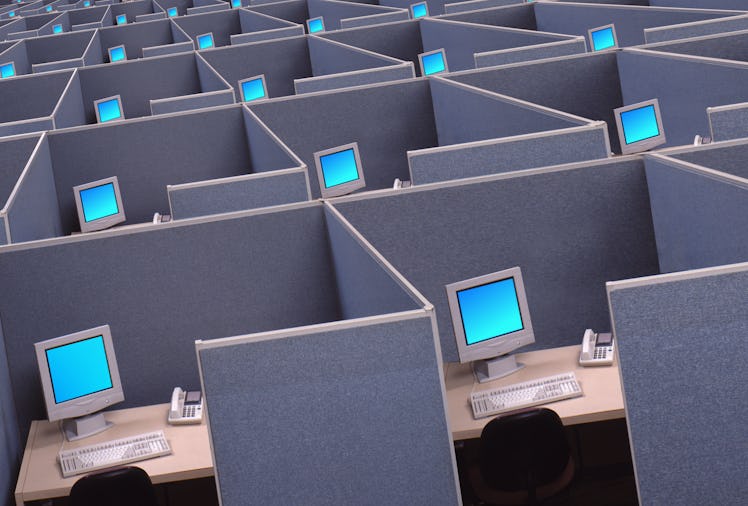 A vast expanse of cubicles and computers indicates the malaise of technology work, data input, and a...