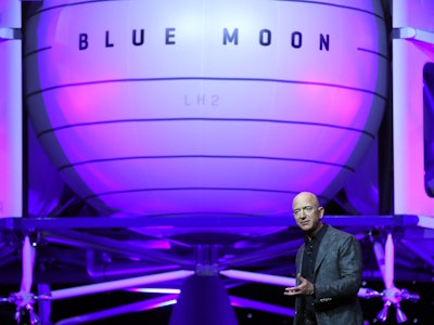 WASHINGTON, DC - MAY 09: Jeff Bezos, owner of Blue Origin, introduces a new lunar landing module cal...