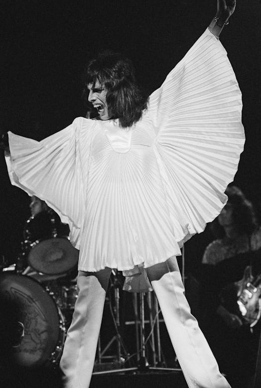 Freddie Mercury in a white Zandra Rhodes blouse and pants