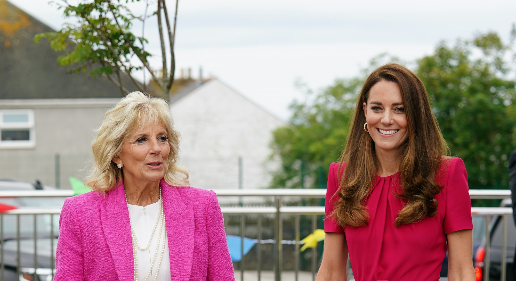 HAYLE, UNITED KINGDOM - JUNE 11: Catherine, Duchess of Cambridge (R) and U.S. First Lady Dr Jill Bid...