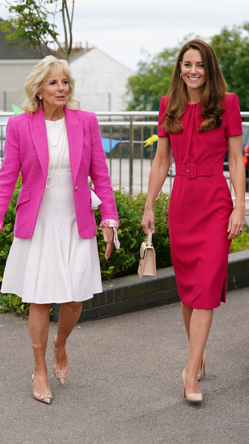 HAYLE, UNITED KINGDOM - JUNE 11: Catherine, Duchess of Cambridge (R) and U.S. First Lady Dr Jill Bid...