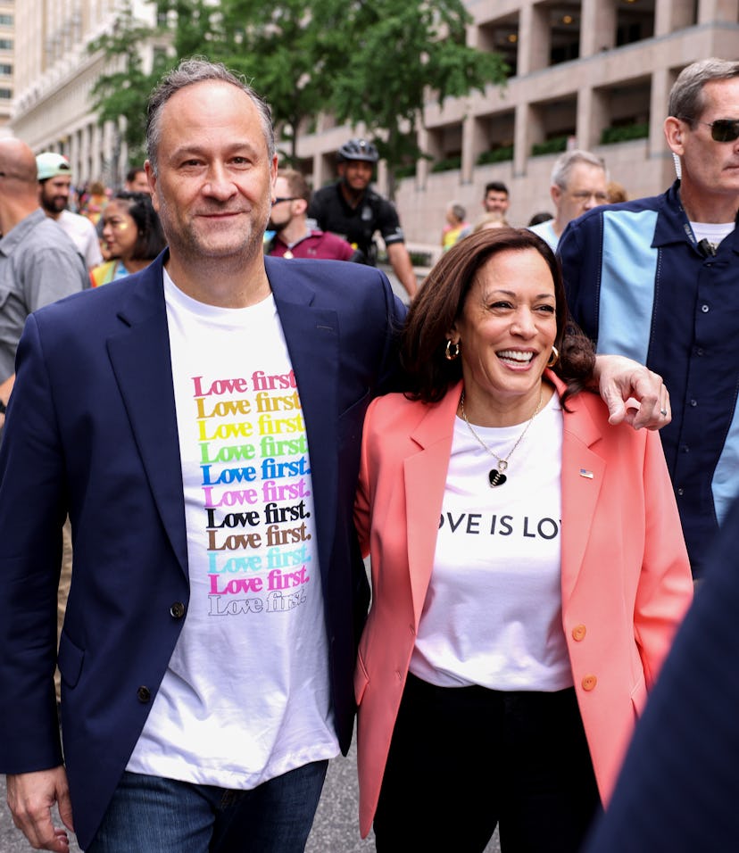 WASHINGTON, DC - JUNE 12: U.S. Vice President Kamala Harris and husband Doug Emhoff join marchers fo...