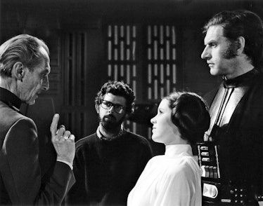 British actors Peter Cushing, David Prowse and American Actress Carrie Fisher with director, screenw...