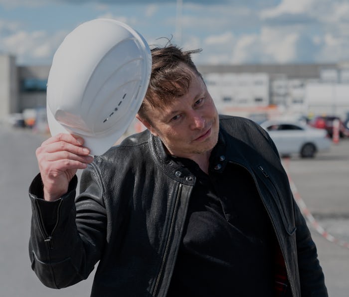 17 May 2021, Brandenburg, Grünheide: Elon Musk, Tesla CEO, stands on the construction site of the Te...