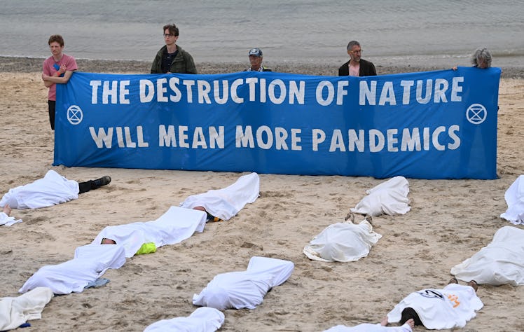 Activists hold a banner reading 'The destruction of nature will lead to more pandemics' as others po...