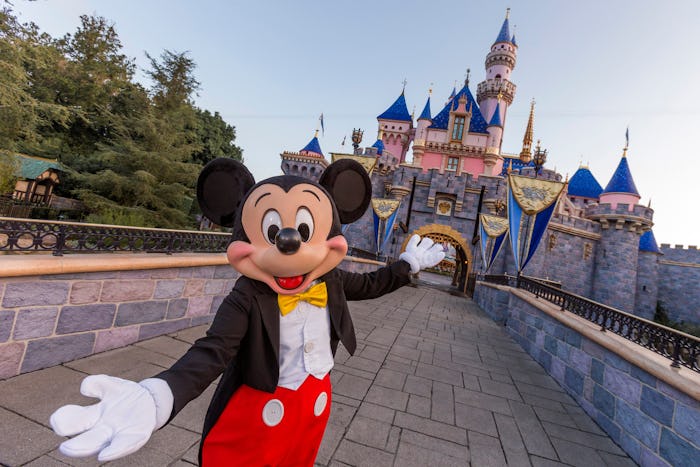 ANAHEIM, CA - AUGUST 27: Mickey Mouse poses in front of Sleeping Beauty Castle at Disneyland Park on...