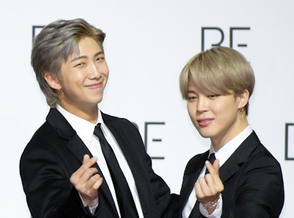 SEOUL, SOUTH KOREA - NOVEMBER 20: RM and Jimin of BTS during BTS's New Album 'BE (Deluxe Edition)' R...