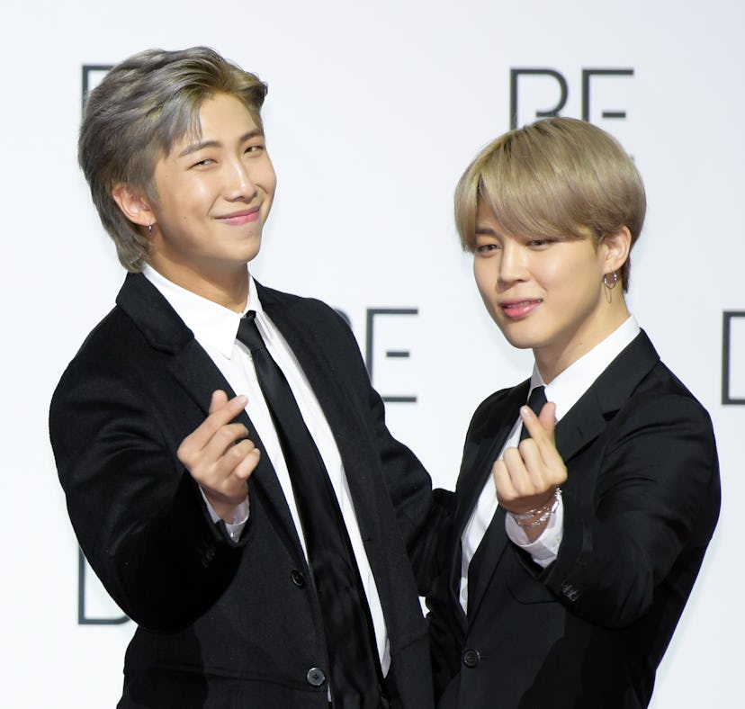 SEOUL, SOUTH KOREA - NOVEMBER 20: RM and Jimin of BTS during BTS's New Album 'BE (Deluxe Edition)' R...