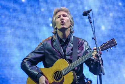 Roger Waters performs on the main Pyramid Stage at the 2002 Glastonbury Festival held at Worthy Farm...