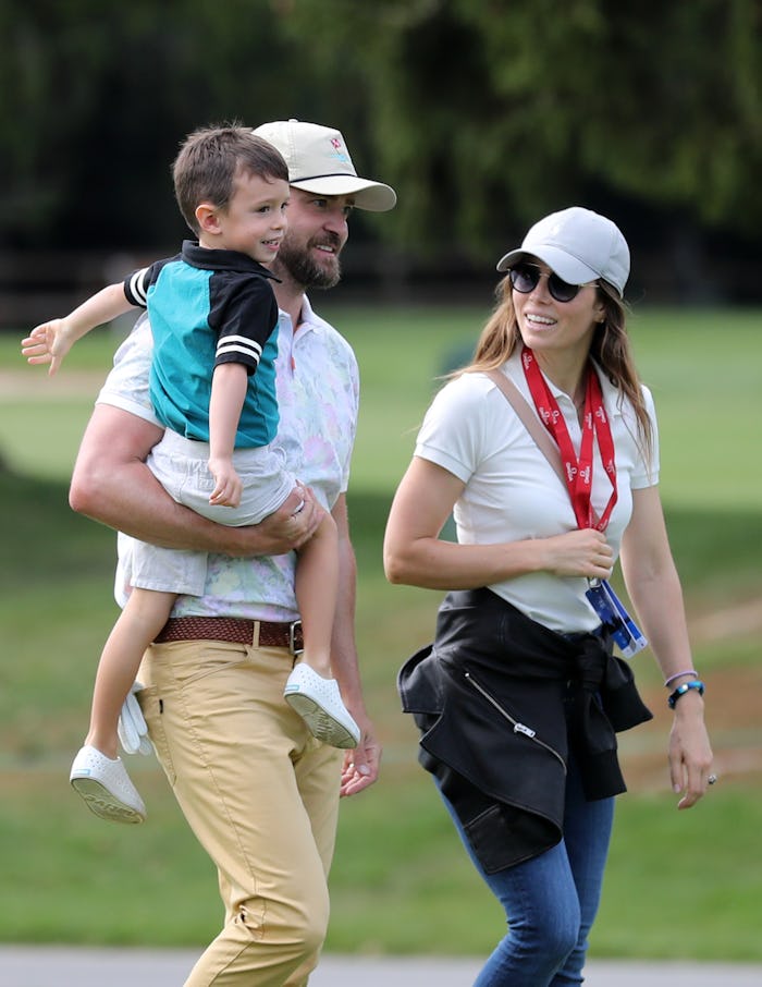 CRANS-MONTANA, SWITZERLAND - AUGUST 27: Justin Timberlake holds his son Silas next to his wife Jessi...