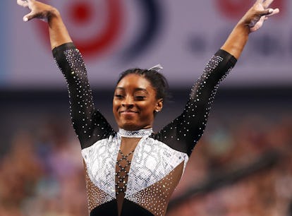 FORT WORTH, TEXAS - JUNE 06:  Simone Biles reacts after compteting on the vault during the Senior Wo...