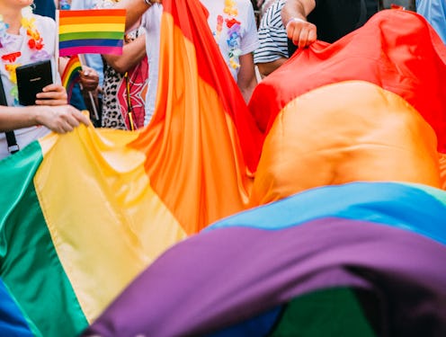 A pride flag covers attendees. Here are tips for your first pride, according to queer women and nonb...