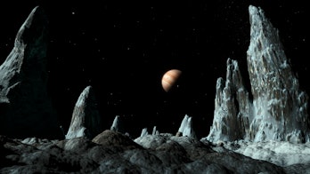 Ice spires on Callisto. Artwork of ice spires (around 100 metres tall) on the surface of the Jovian moon Callisto. The moons parent planet, Jupiter, is in the sky, centre, with the other major moons either side of it. From the left, they are Ganymede, Io (casting a shadow on Jupiter) and Europa (covering Jupiter??s might side). It is thought that these spires formed from an ancient impact billions of years ago. They are very slowly eroding over time, the ice subliming and dust within the ice accumulating to absorb sunlight and continue the erosion. The Callisto-Jupiter distance is around 1.8 million kilometres, and Jupiter is around 140, 000 kilometres across.