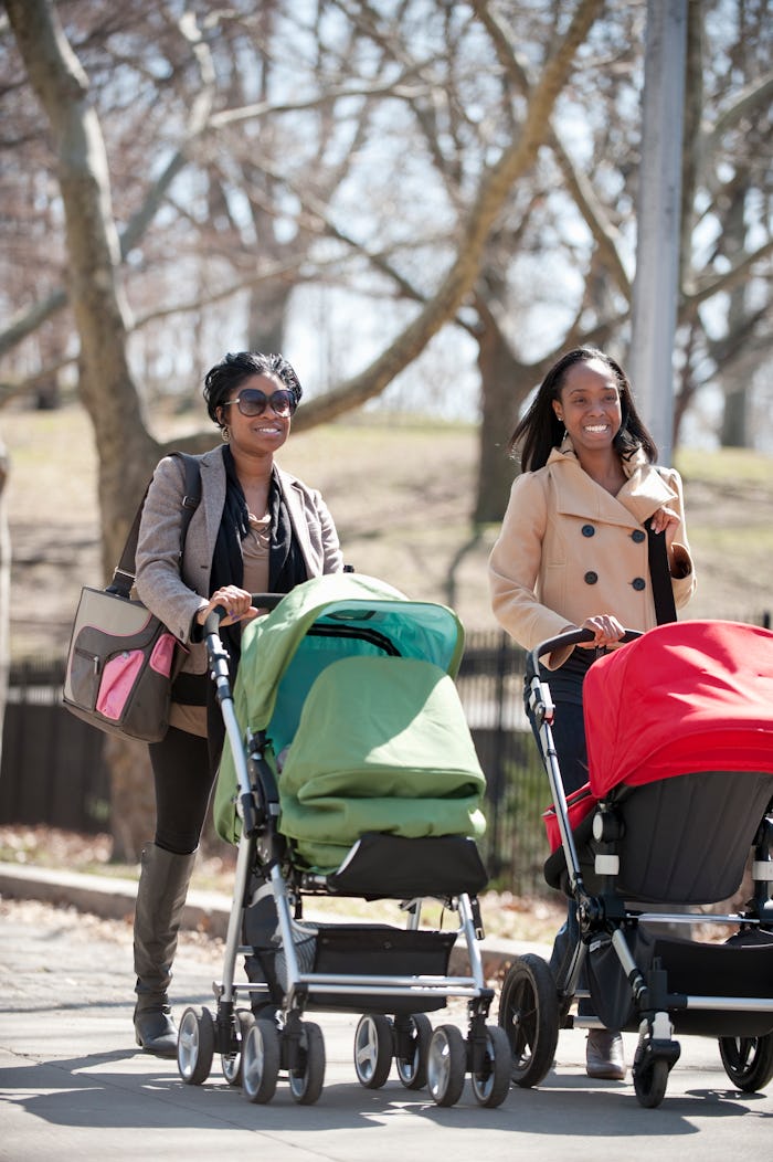 women friends walking in urban park on late winter sunny day