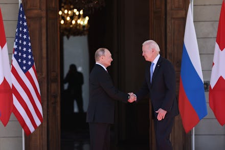 GENEVA, SWITZERLAND JUNE 16, 2021: Russia's President Vladimir Putin (L) and US President Joe Biden...