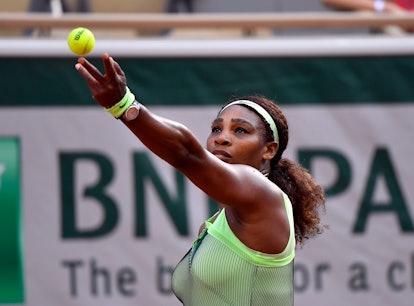  Serena Williams serves during her Women's Singles fourth round match against Elena Rybakina of Kaza...