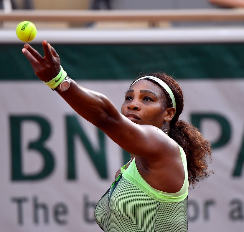 Serena Williams serves during her Women's Singles fourth round match against Elena Rybakina of Kaza...
