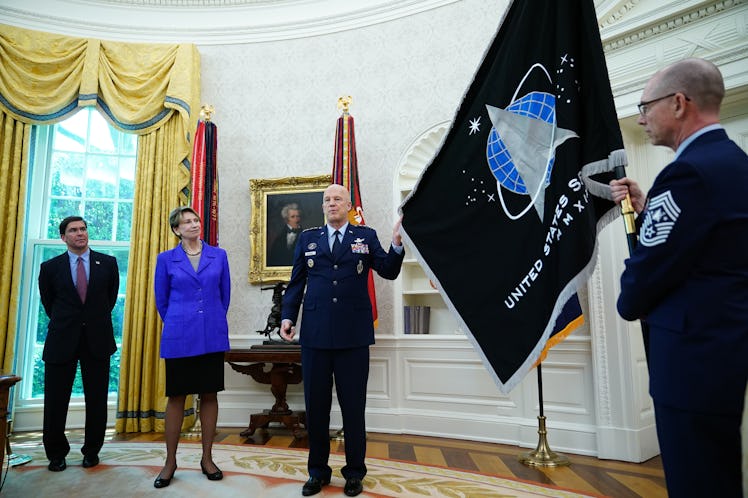 (L-R) US Defense Secretary Mark Esper, Secretary of the Air Force Barbara Barrett, US Space Force Ch...