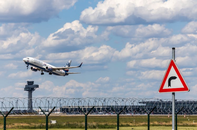 Berlin Brandenburg International Airport (BBI), Brandenburg State/ Germany- May 2021: Taking off pas...