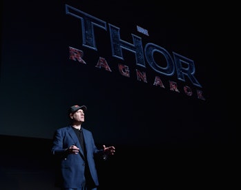 LOS ANGELES, CA - OCTOBER 28: President of Marvel Studios Kevin Feige onstage during Marvel Studios fan event at The El Capitan Theatre on October 28, 2014 in Los Angeles, California. (Photo by Alberto E. Rodriguez/Getty Images for Disney)