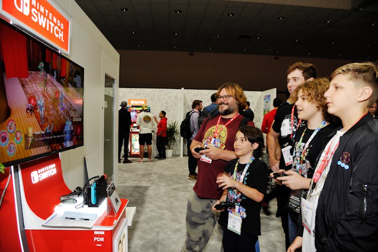 LOS ANGELES, CALIFORNIA - JUNE 12: Jack Black (L) and family check out 'Marvel Ultimate Alliance 3: ...