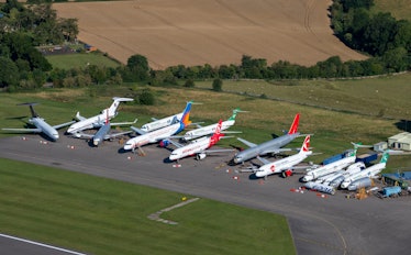 KEMBLE, ENGLAND - AUGUST 10: An aerial view of aircraft at Cotswold Airport on August 10, 2020, in K...