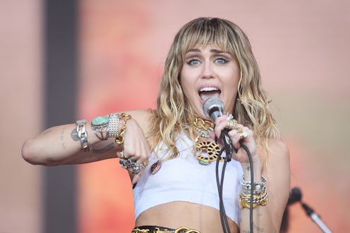 GLASTONBURY, ENGLAND - JUNE 30: Miley Cyrus performs on the Pyramid Stage on day five of Glastonbury...