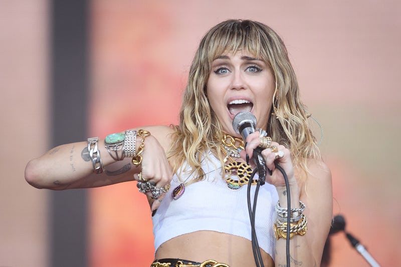 GLASTONBURY, ENGLAND - JUNE 30: Miley Cyrus performs on the Pyramid Stage on day five of Glastonbury...