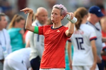 REIMS, FRANCE - JUNE 24: Megan Rapinoe of the USA reacts after the 2019 FIFA Women's World Cup Franc...