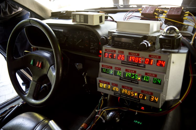 Picture taken inside a replica of the DeLorean, a time-machine vehicle which appeared in the movie "...