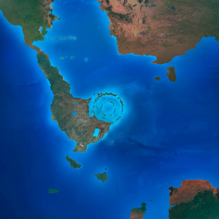Illustration of the Chicxulub crater, shortly after its formation. This crater was formed 66 million...