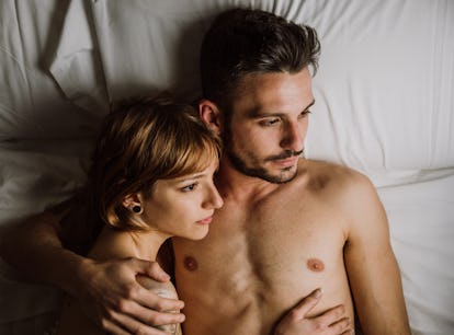 Couple in bed realizes intimacy and sex changes after someone cheats.