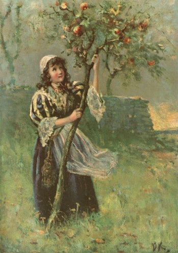 A young girl wearing c17th century clothing, shaking a small apple tree to dislodge its fruit. From “Little Folks - A Magazine for the Young“. Published by Cassell & Company Limited, London, Paris & Melbourne, 1896.