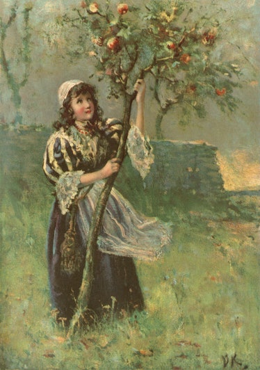 A young girl wearing c17th century clothing, shaking a small apple tree to dislodge its fruit. From ...