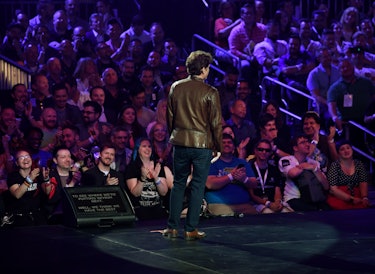 The director and executive producer at Bethesda Game Studios, Todd Howard, addresses the crowd about the new Fallout video game during the Bethesda E3 conference at LA Live in Los Angeles, California on June 10, 2018. - The three day E3 Game Conference begins on Tuesday June 12. (Photo by Mark RALSTON / AFP) (Photo credit should read MARK RALSTON/AFP via Getty Images)