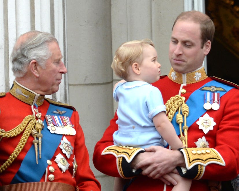 Prince Charles, Prince of Wales, Prince George and Prince William, Duke of Cambridge during the Troo...