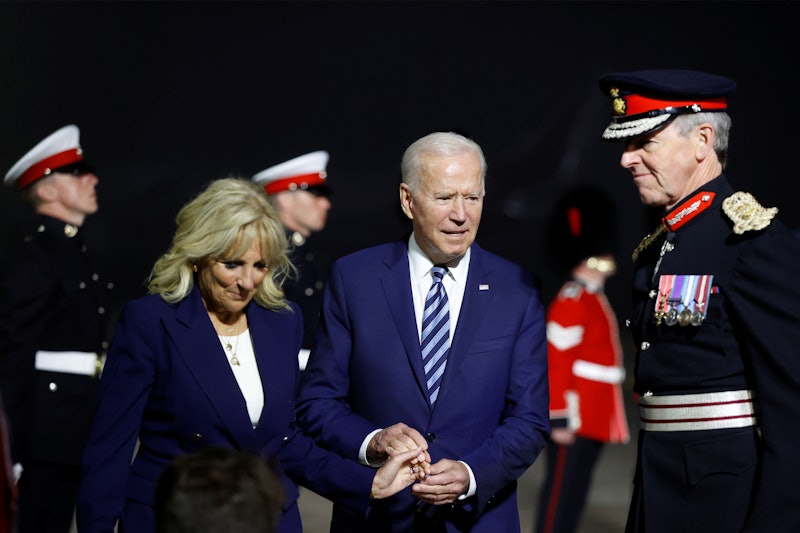NEWQUAY, ENGLAND - JUNE 09: U.S. President Joe Biden and first lady Jill Biden react upon arrival at...