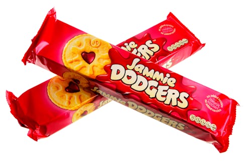 Helston, Cornwall, UK - May 17, 2013: Two unopened packets of Jammie Dodgers biscuits. These are mad...