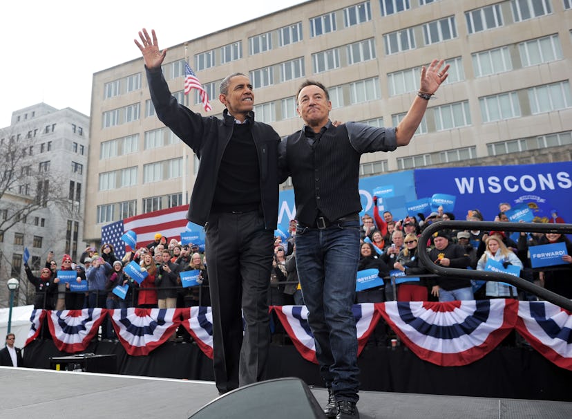 Host of celebrity podcast President Barack Obama and singer Bruce Springsteen attend rally together.
