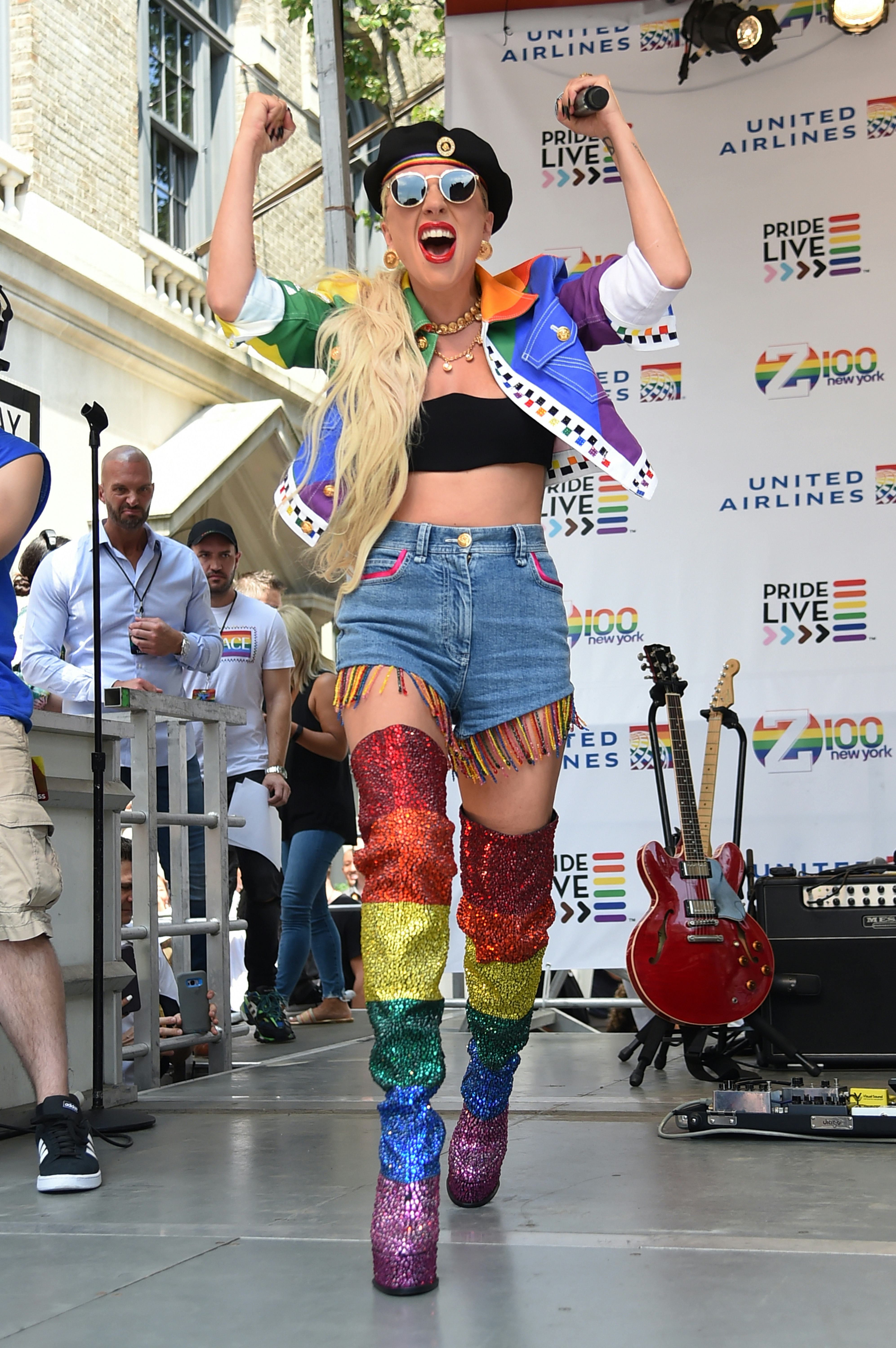 NEW YORK, NEW YORK - JUNE 28:  Lady Gaga speaks onstage during Pride Live's 2019 Stonewall Day on Ju...