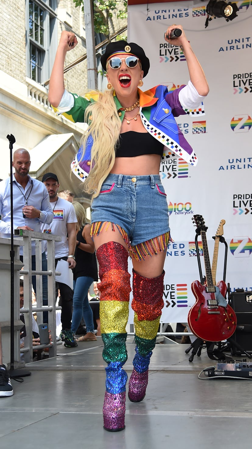 NEW YORK, NEW YORK - JUNE 28:  Lady Gaga speaks onstage during Pride Live's 2019 Stonewall Day on Ju...