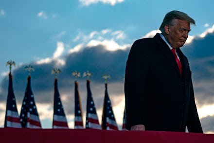 Outgoing US President Donald Trump addresses guests at Joint Base Andrews in Maryland on January 20,...