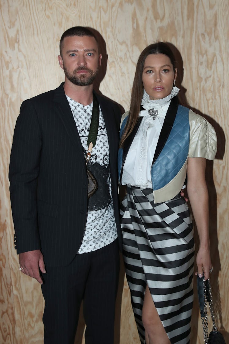 PARIS, FRANCE - OCTOBER 01: Justin Timberlake and Jessica Biel attend the Louis Vuitton Womenswear S...
